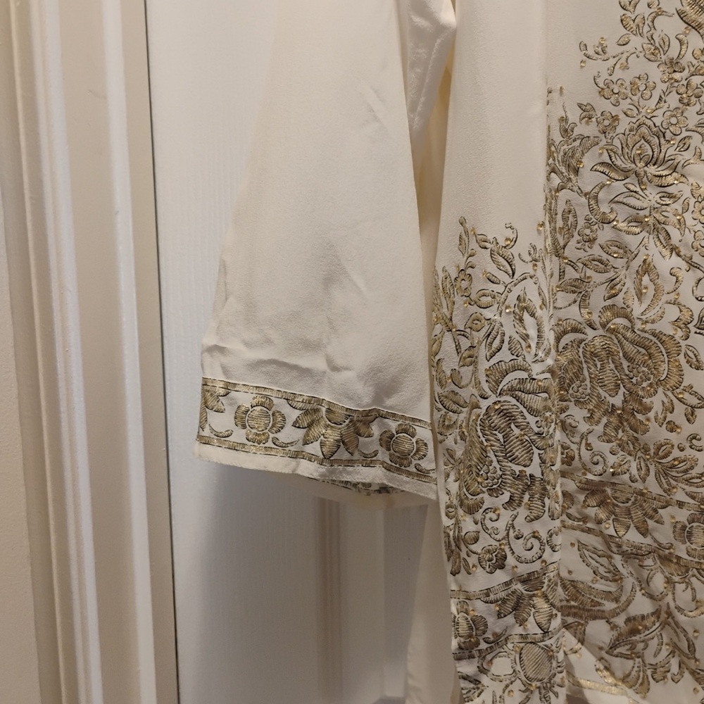 NWT Diane Gilman 100% Silk Oriental Tunic Blouse Gold Metallic Details Size 1X - Picture 7 of 8